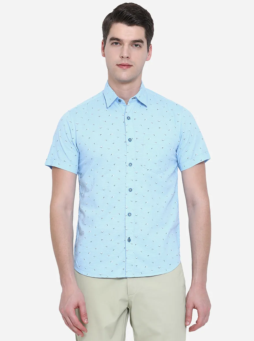 Air Blue Printed Slim Fit Semi Casual Shirt | Greenfibre