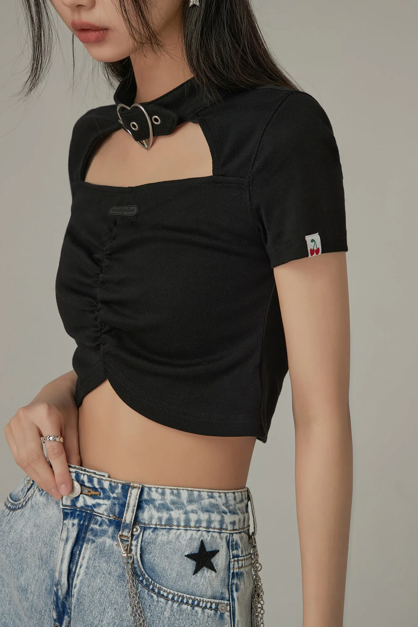 Belted Choker Front Cut Out Shirred T-Shirt