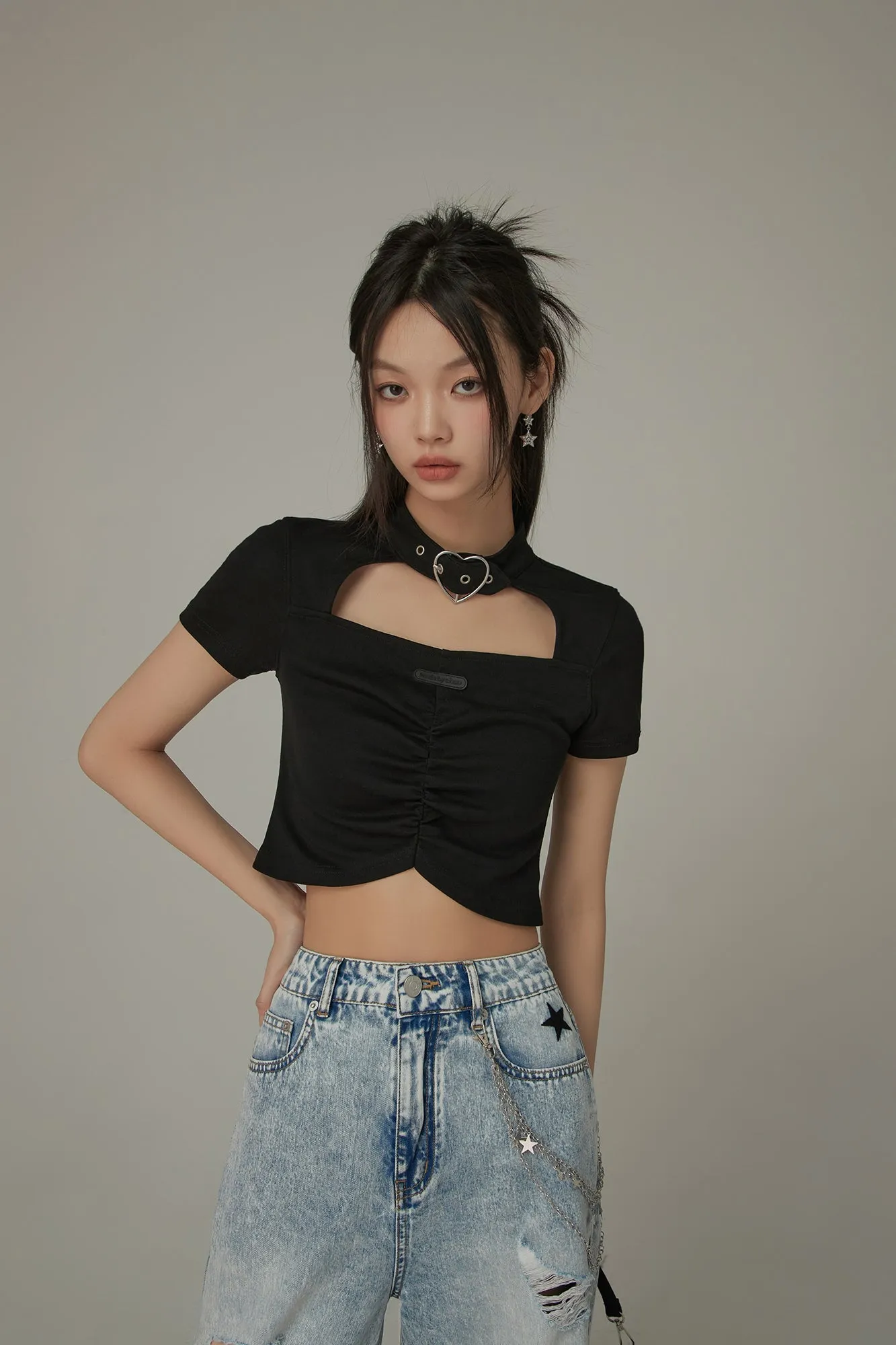 Belted Choker Front Cut Out Shirred T-Shirt