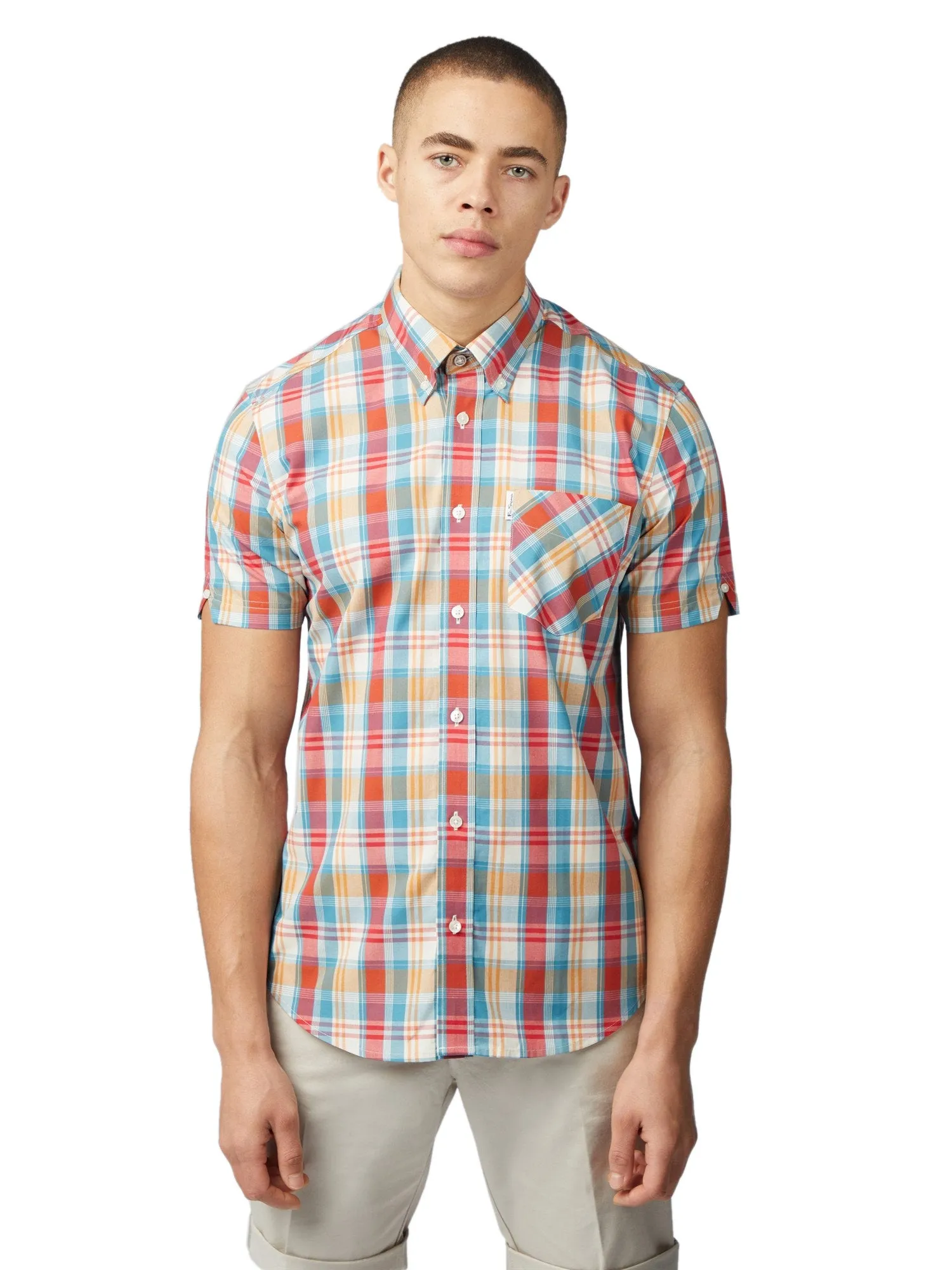 Ben Sherman Men's Over Check Shirt, Short Sleeved, Button-Down Collar