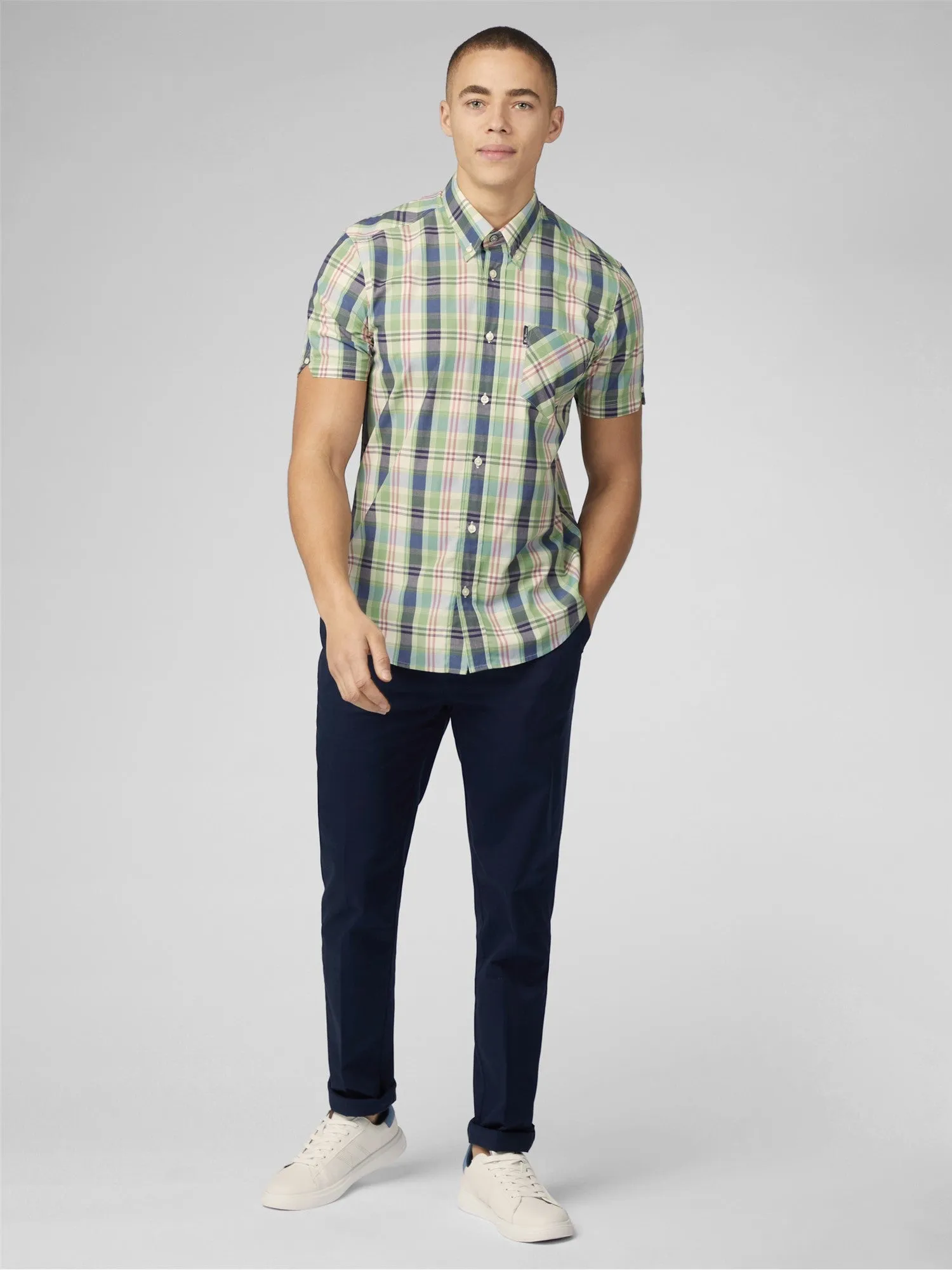 Ben Sherman Men's Over Check Shirt, Short Sleeved, Button-Down Collar