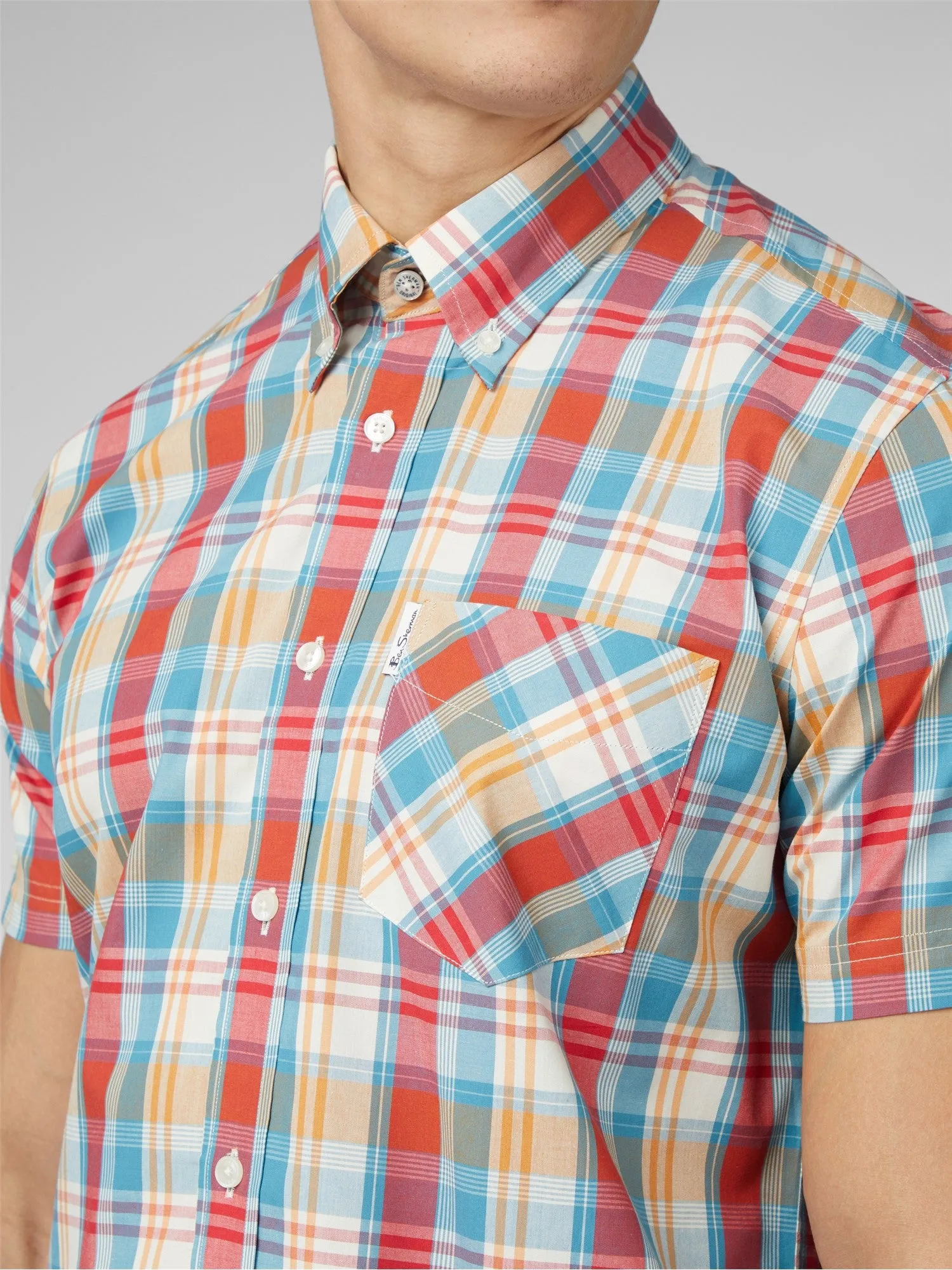 Ben Sherman Men's Over Check Shirt, Short Sleeved, Button-Down Collar