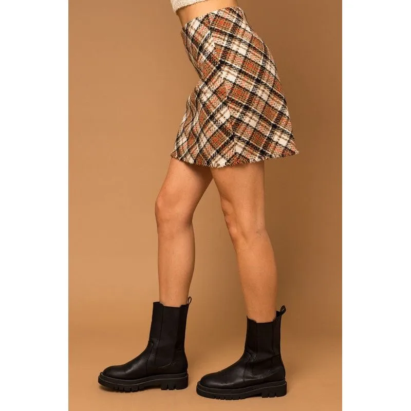 Bias Plaid Frayed Hem Mini Skirt