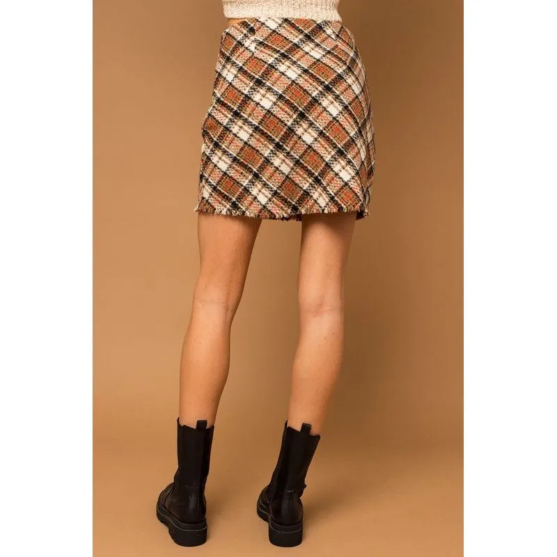 Bias Plaid Frayed Hem Mini Skirt