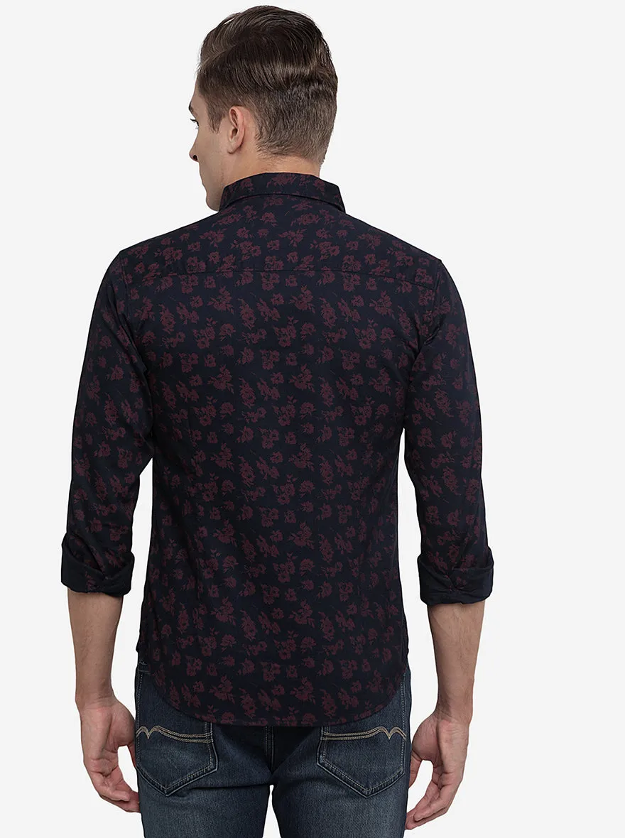 Black & Maroon Printed Slim Fit Semi Casual Shirt | Greenfibre