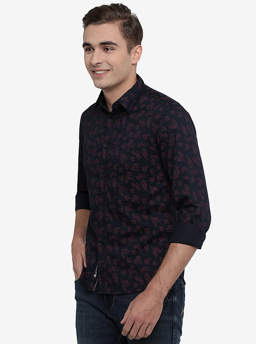 Black & Maroon Printed Slim Fit Semi Casual Shirt | Greenfibre