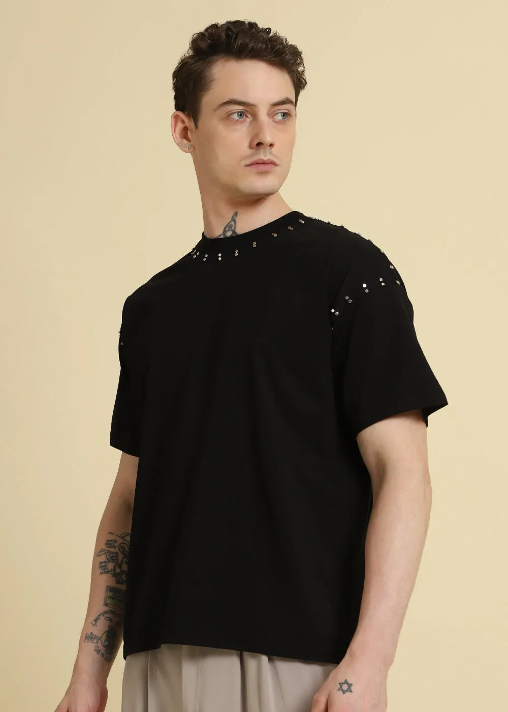 Black Embellishment Oversized T-shirt