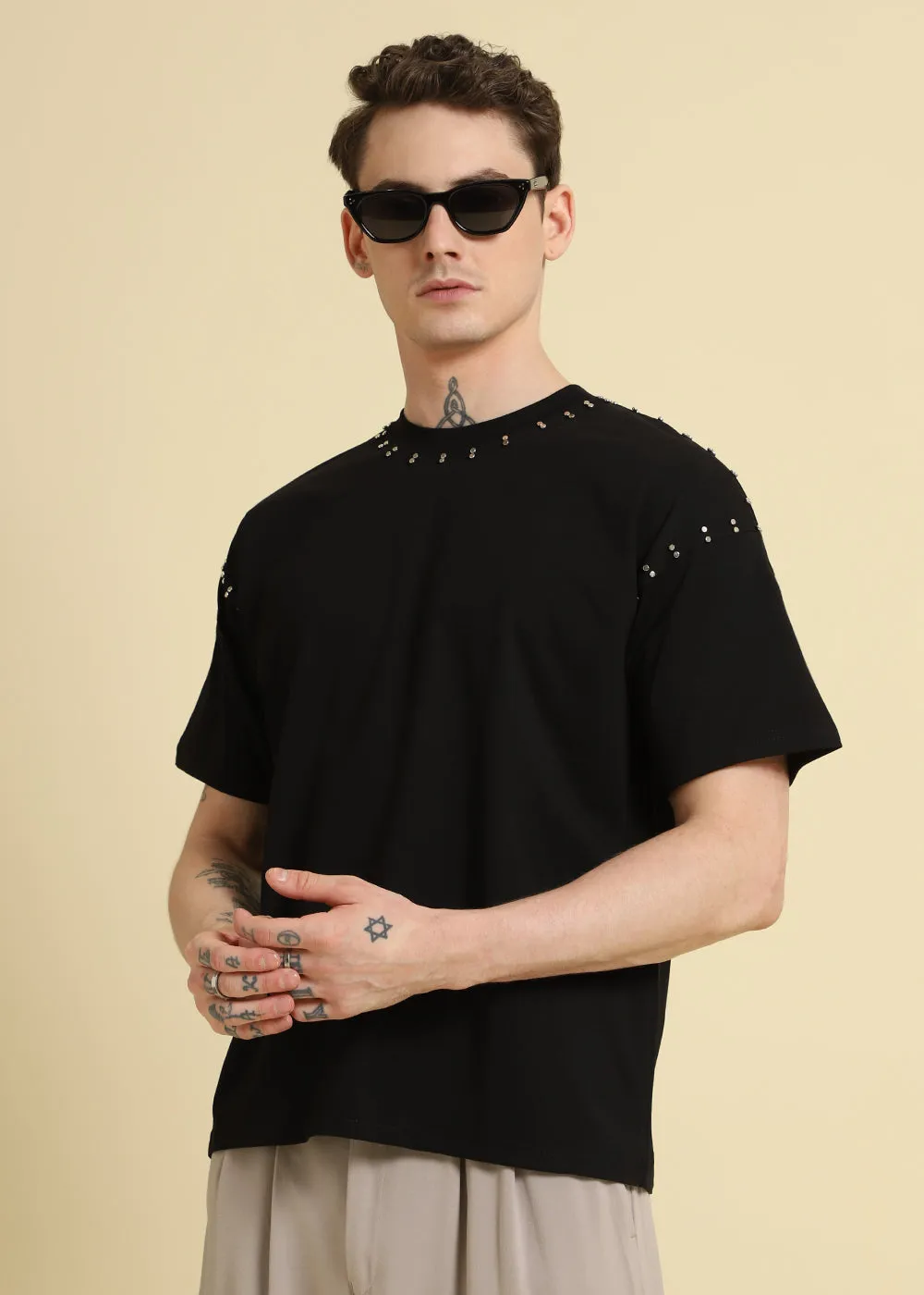 Black Embellishment Oversized T-shirt