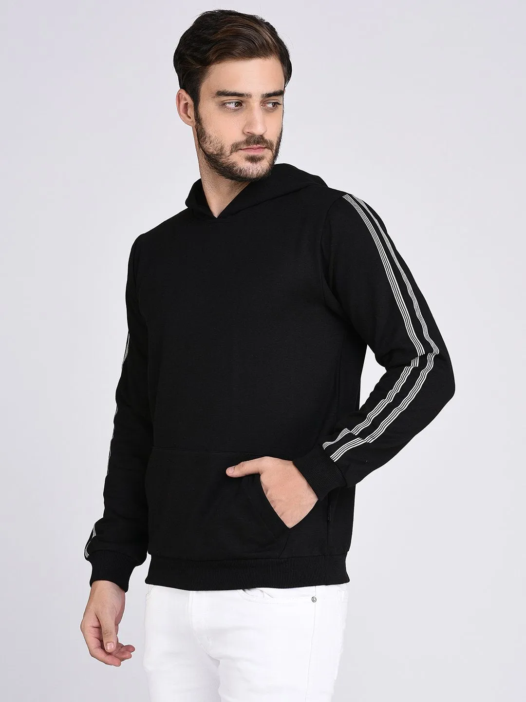 Black Fleece With Stripe Tape Patch On Sleeve Hooded Sweatshirt-Full