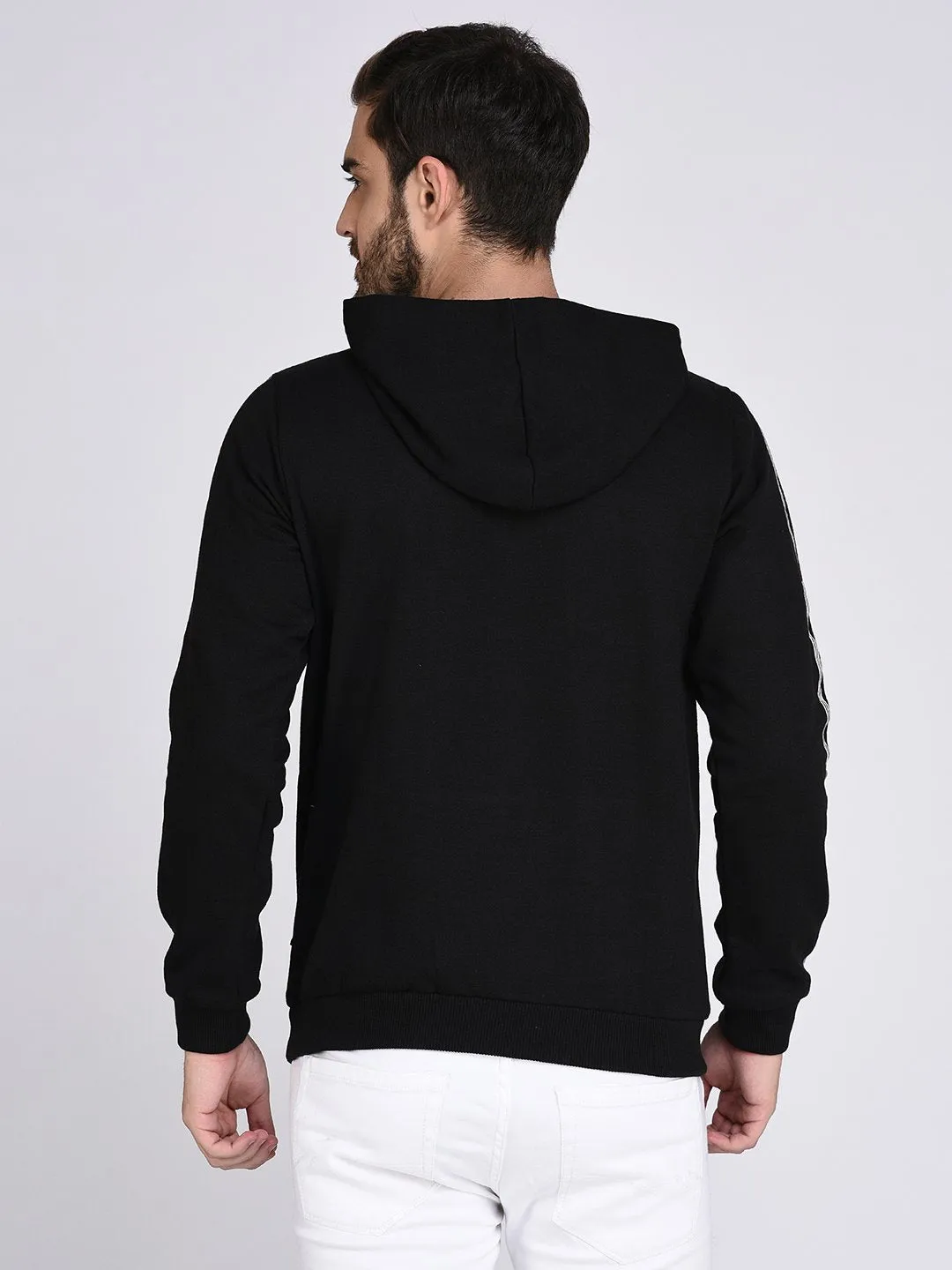 Black Fleece With Stripe Tape Patch On Sleeve Hooded Sweatshirt-Full