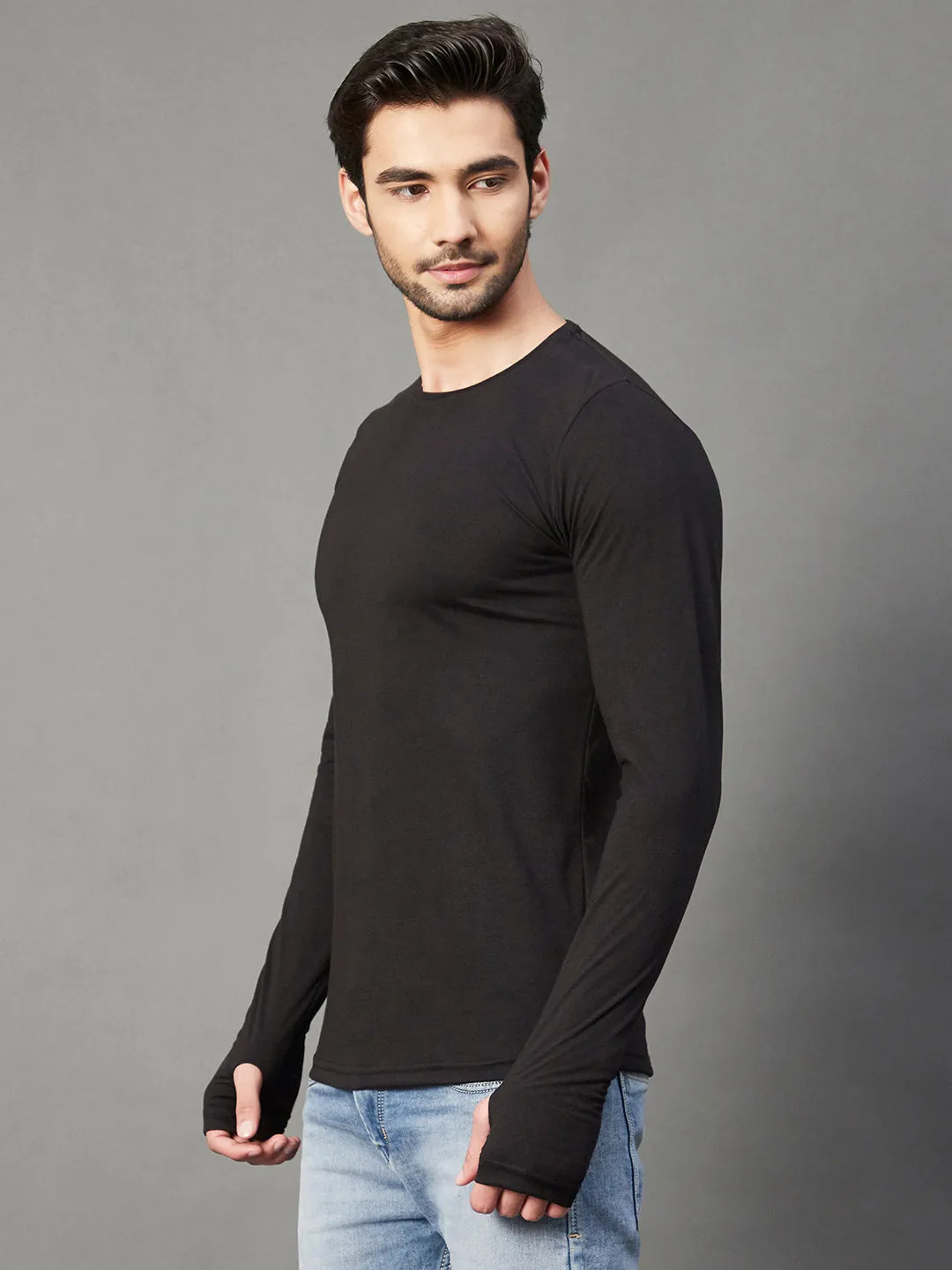 Black Thumbhole Round Neck Full Sleeve T-Shirt