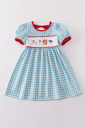 Blue plaid farm embroidery dress