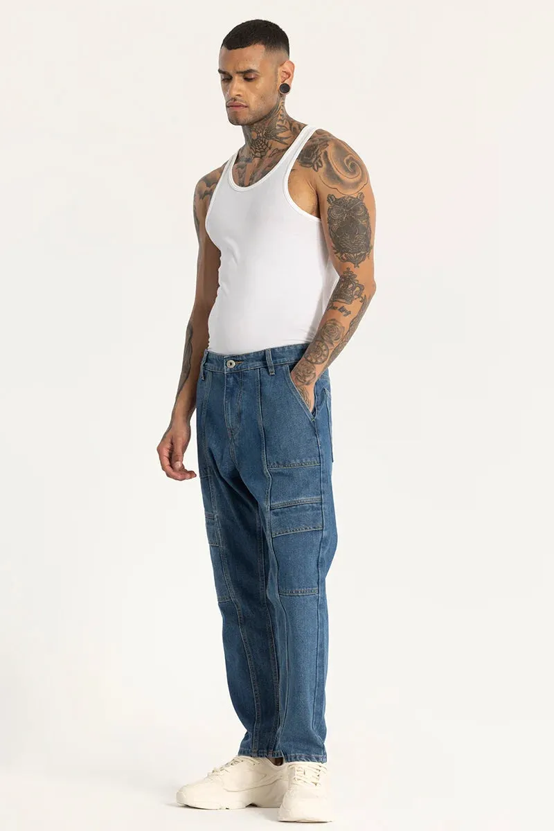 Blue Plain Cargo Style Baggy Fit Jeans