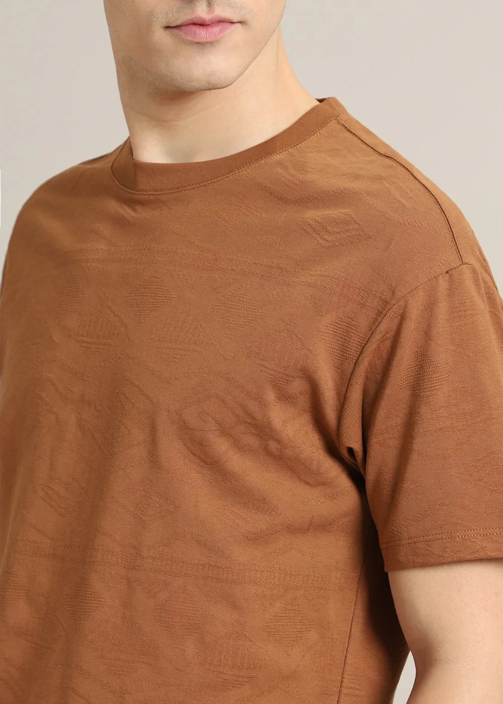 Brown Self Pattern Regular T-Shirt