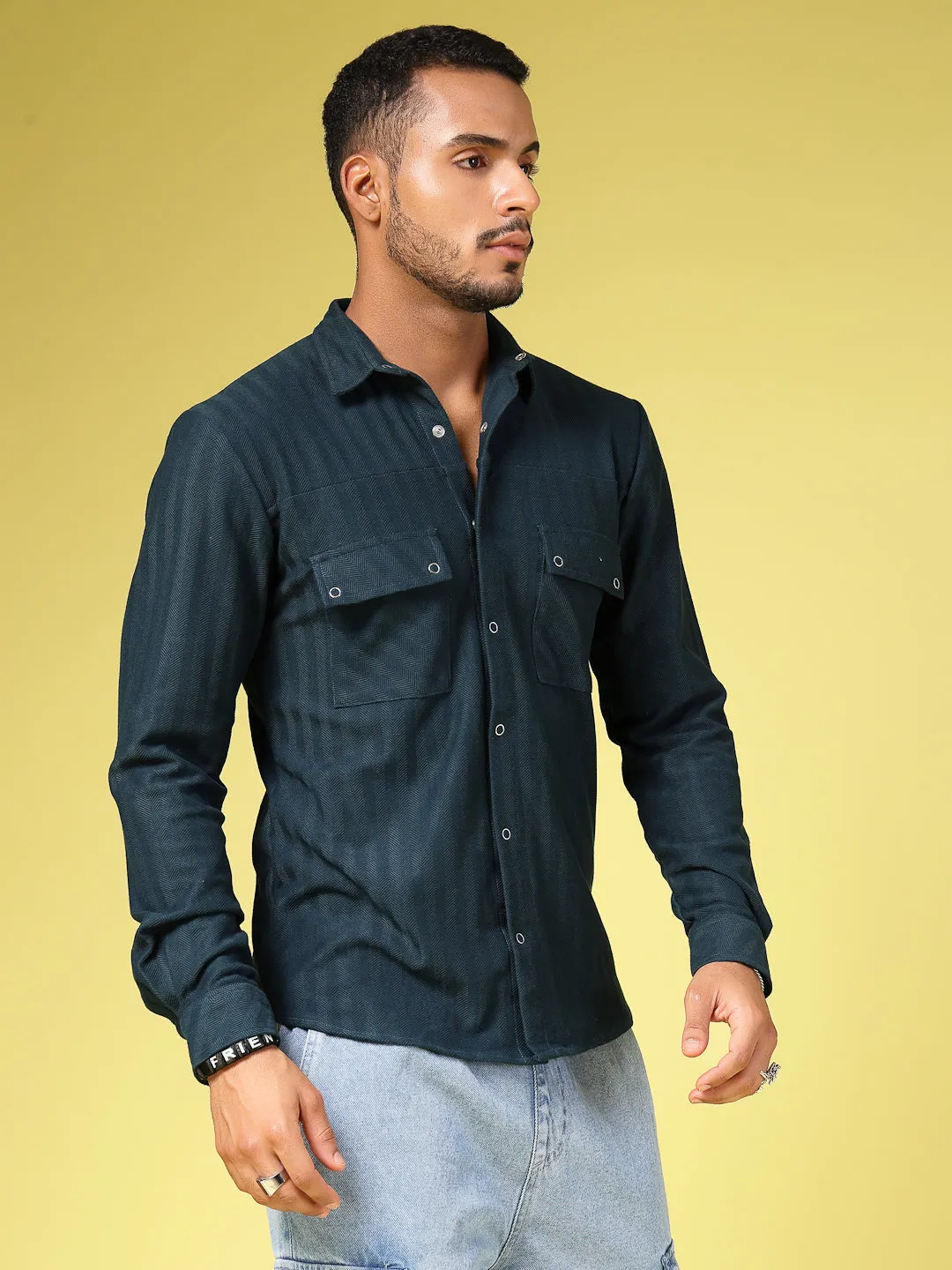 Cotton Herringbone Utility Cutaway Collar Shirt