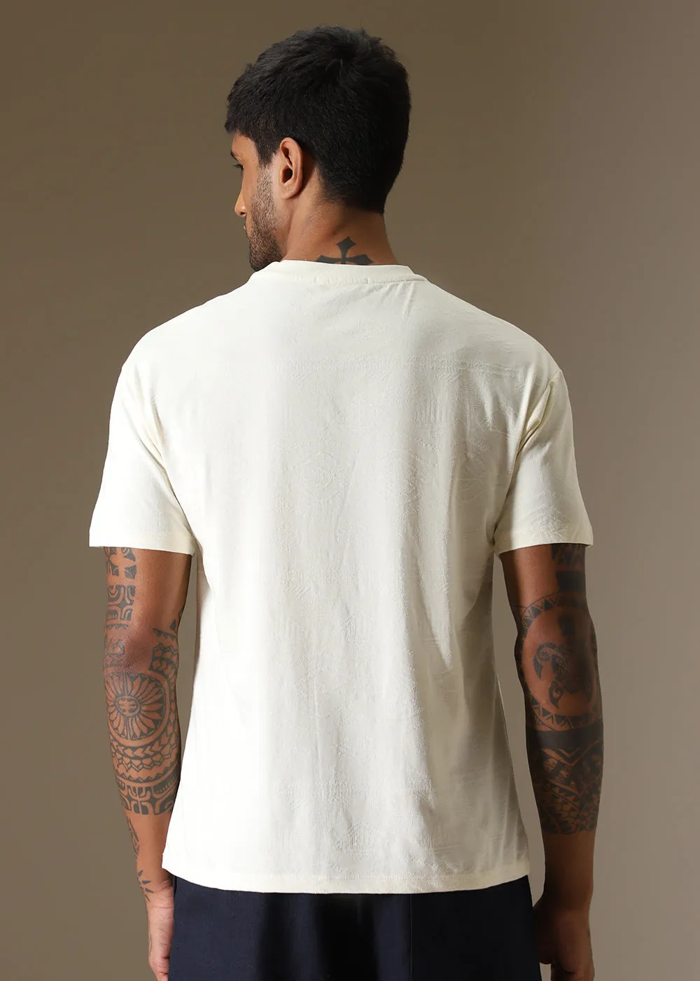 Cream Self Pattern Regular T-Shirt