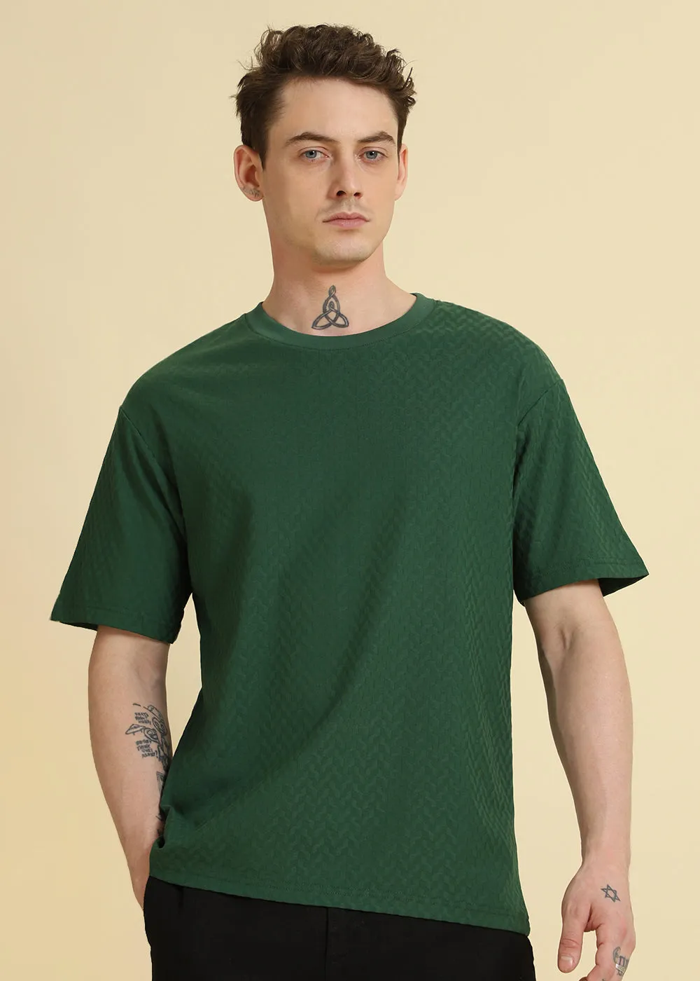 Green Textured Weave Oversized T-shirt