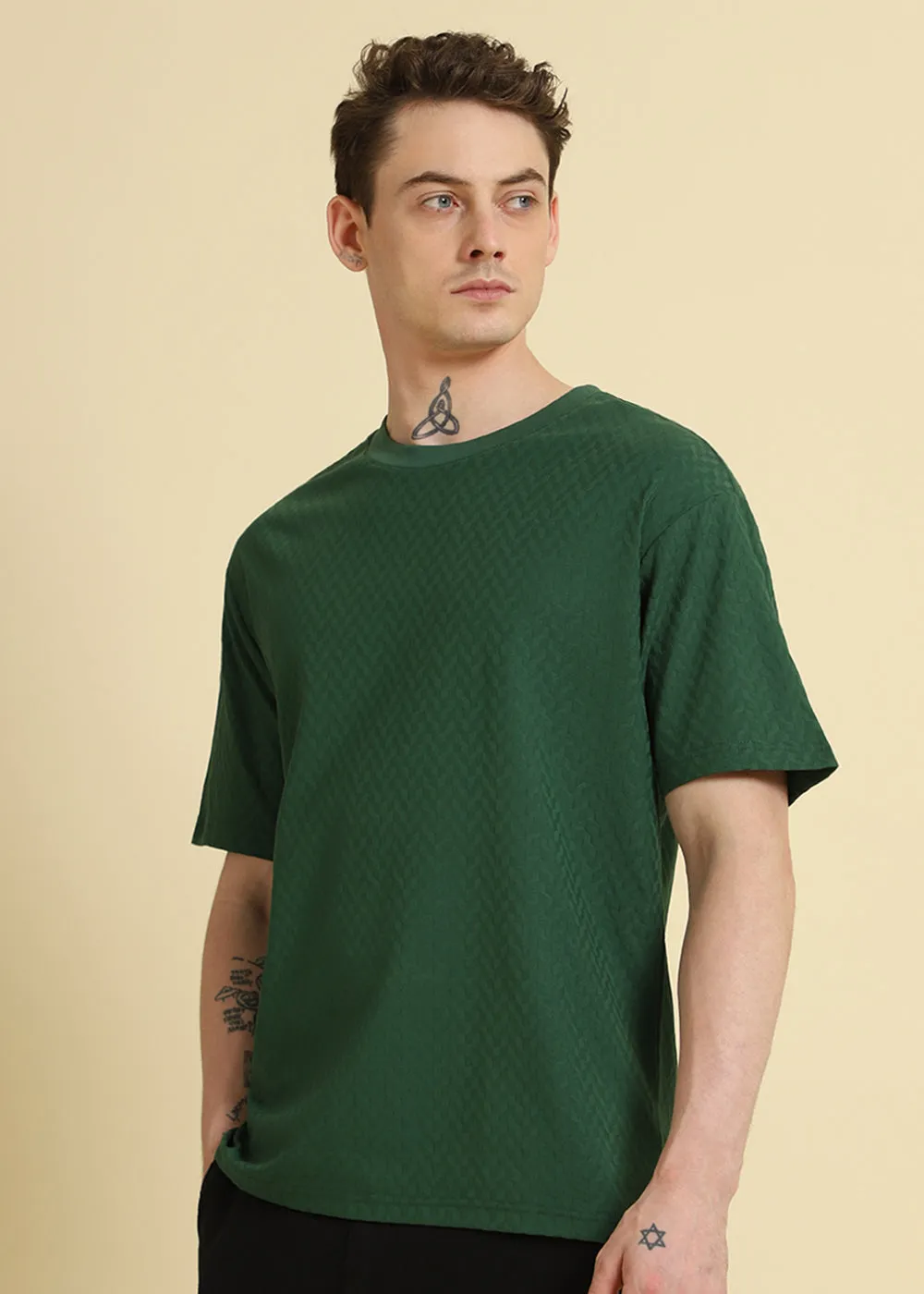 Green Textured Weave Oversized T-shirt