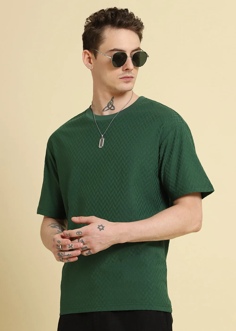 Green Textured Weave Oversized T-shirt