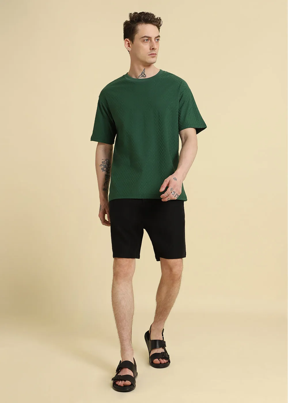 Green Textured Weave Oversized T-shirt