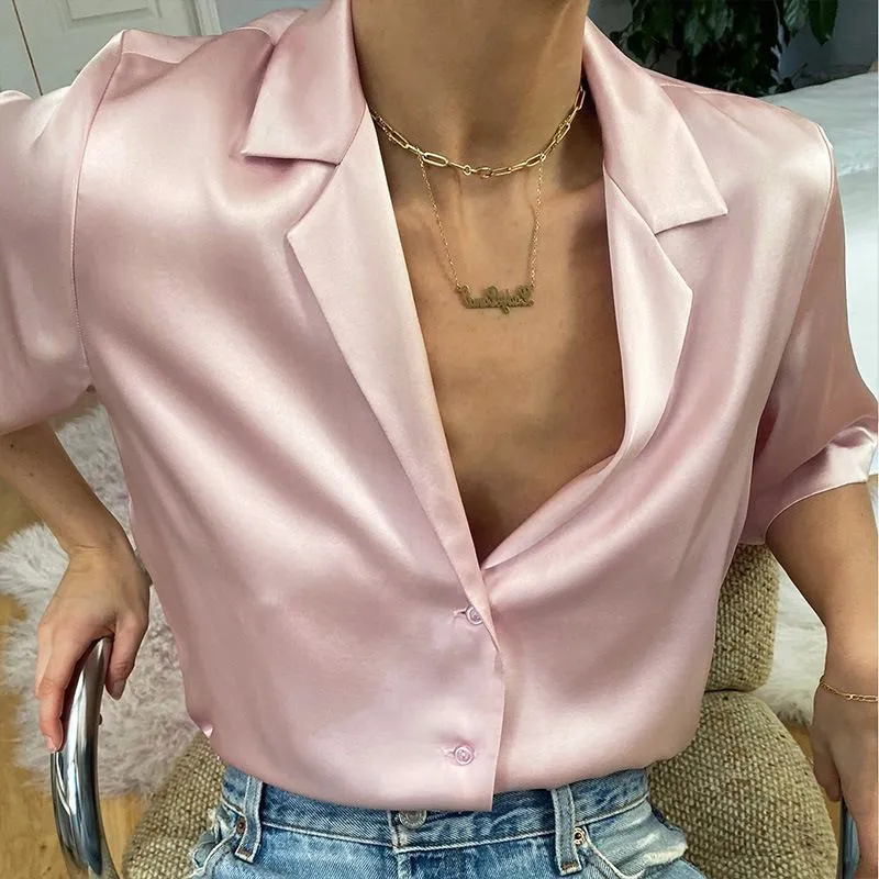 Lapel Collar Womens Short Sleeve Button Up Satin Shirts