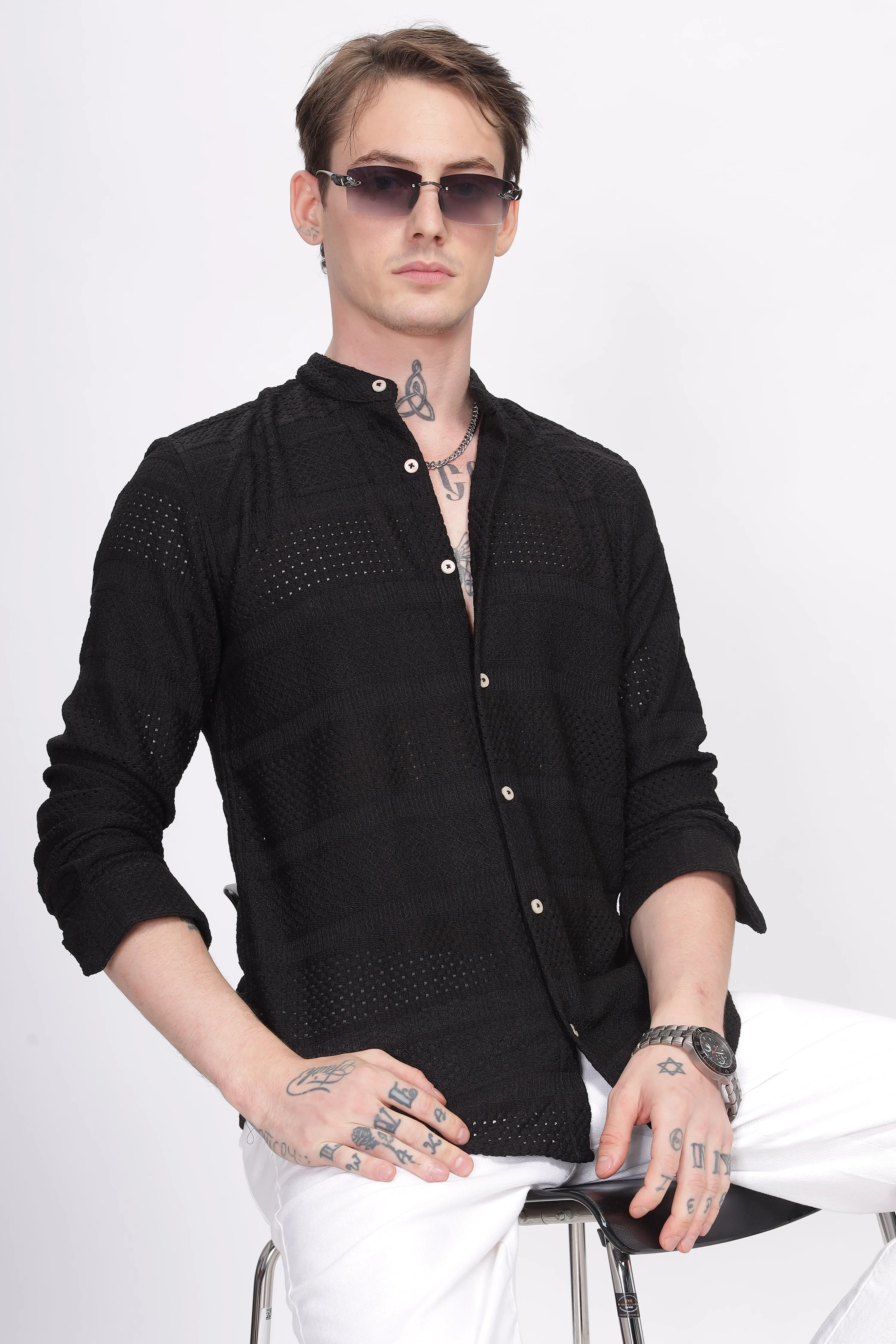 Mandarin Collar Black Shirt