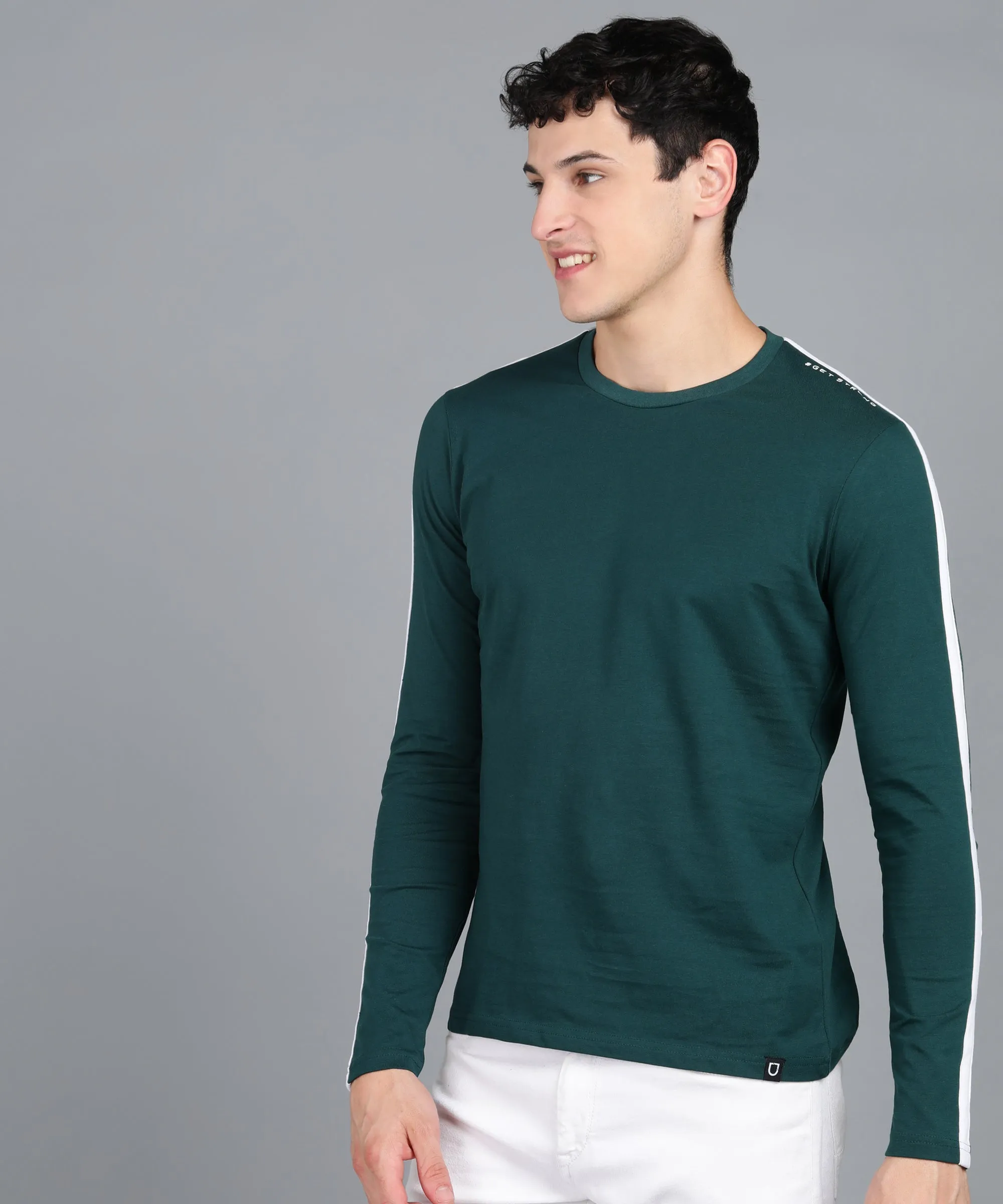 Men's Color-Block Green Round Neck Full Sleeve Slim Fit Cotton T-Shirt