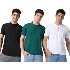 Men's Multicolor Solid Mandarin Collar Slim Fit Cotton T-Shirt Pack of 3