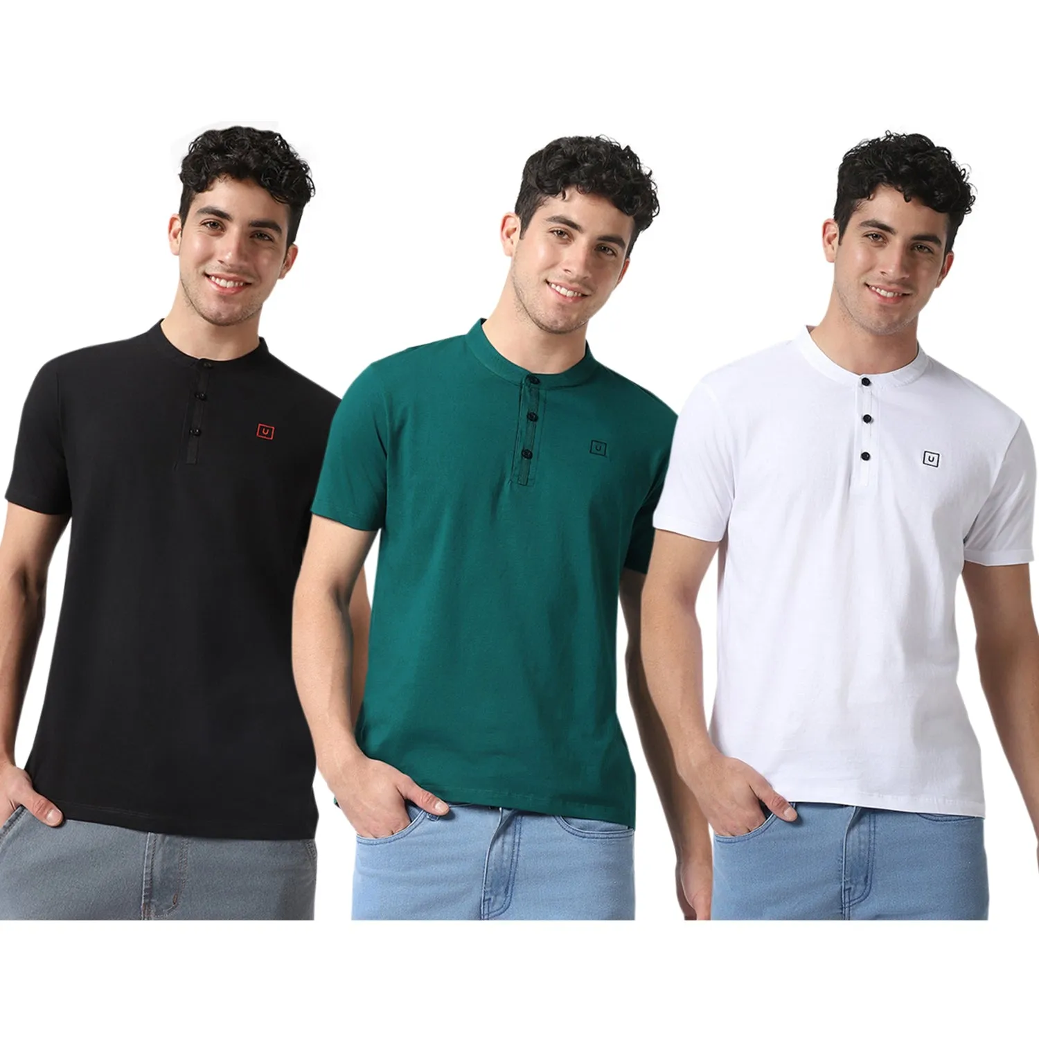 Men's Multicolor Solid Mandarin Collar Slim Fit Cotton T-Shirt Pack of 3