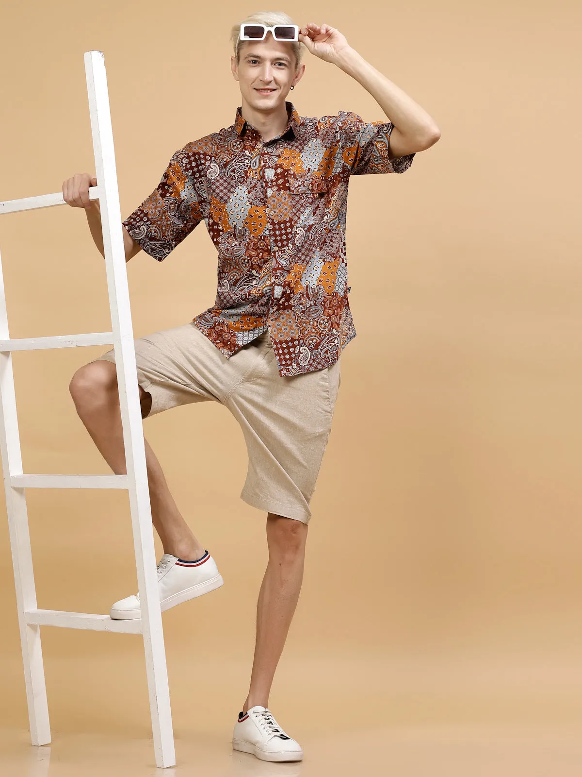 Men's Paisley Print Drop-Shoulder Hawaiian Shirt