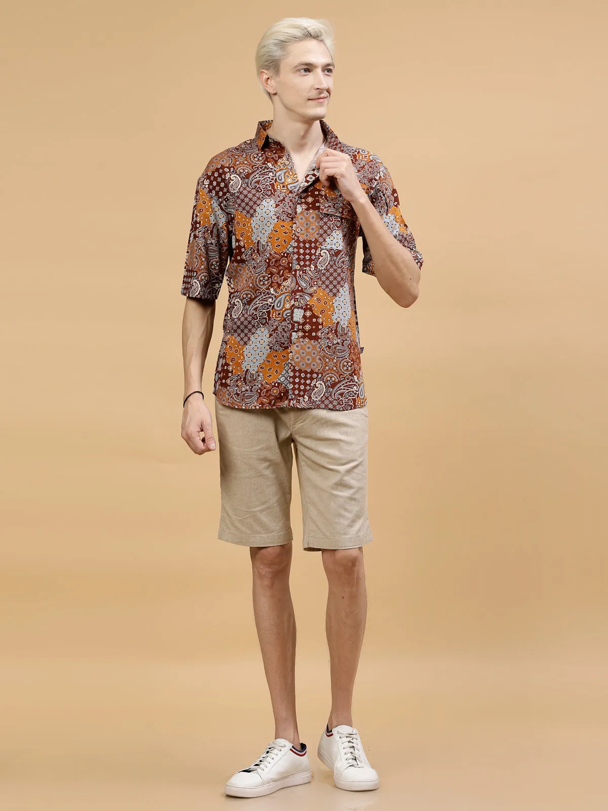 Men's Paisley Print Drop-Shoulder Hawaiian Shirt