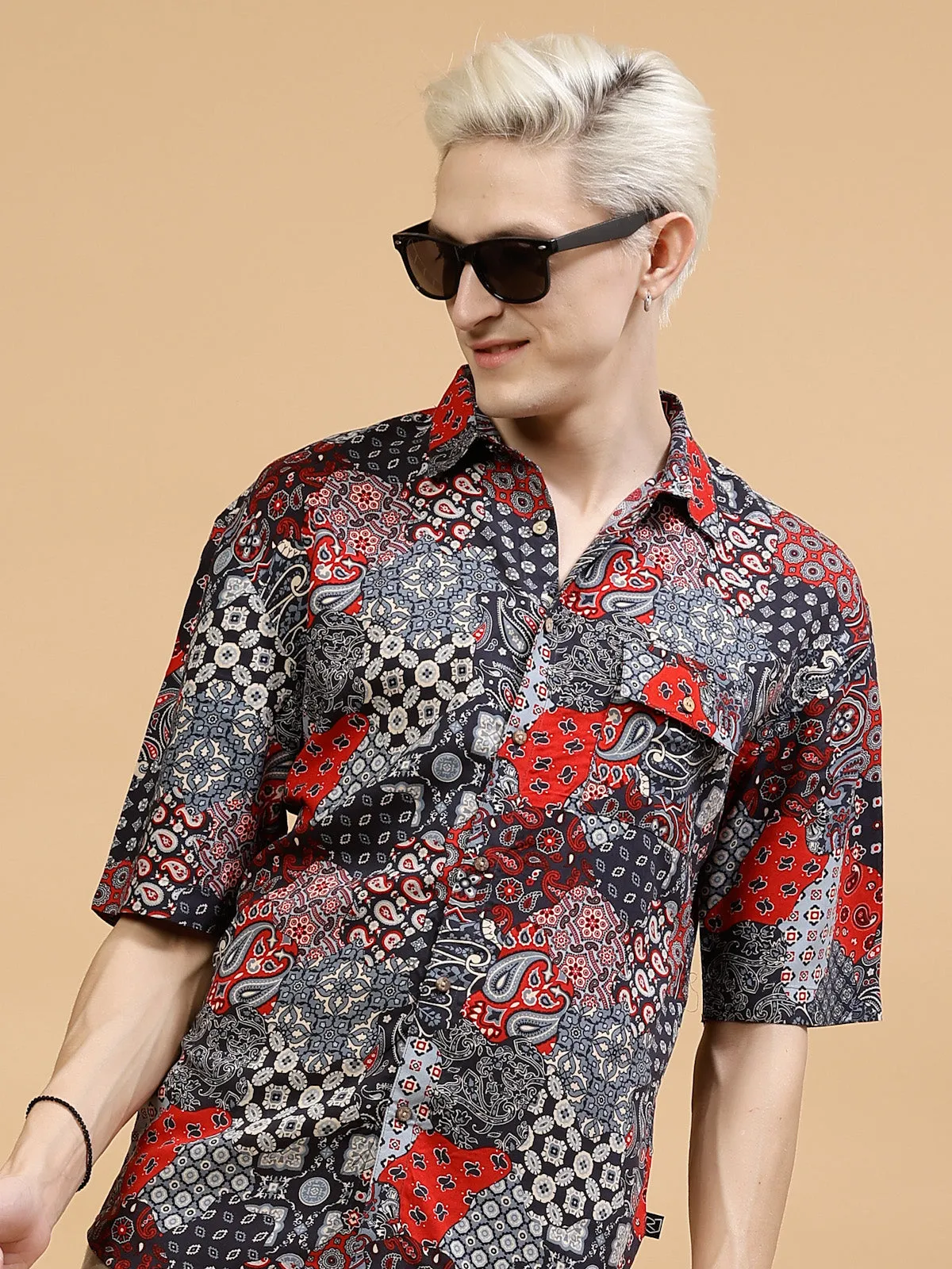 Men's Paisley Print Drop-Shoulder Hawaiian Shirt