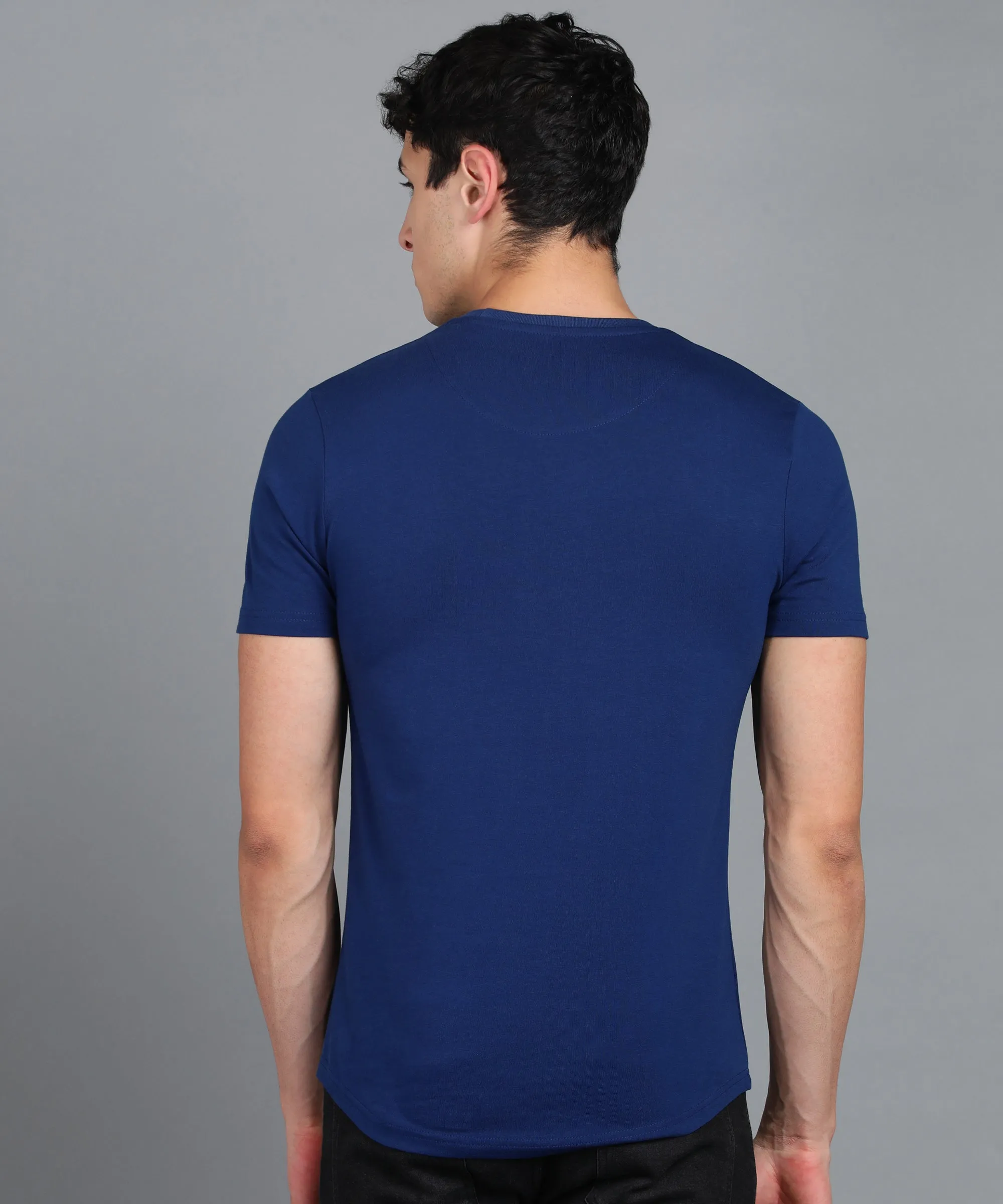 Men's Printed Dark Blue Round Neck Half Sleeve Slim Fit Cotton T-Shirt