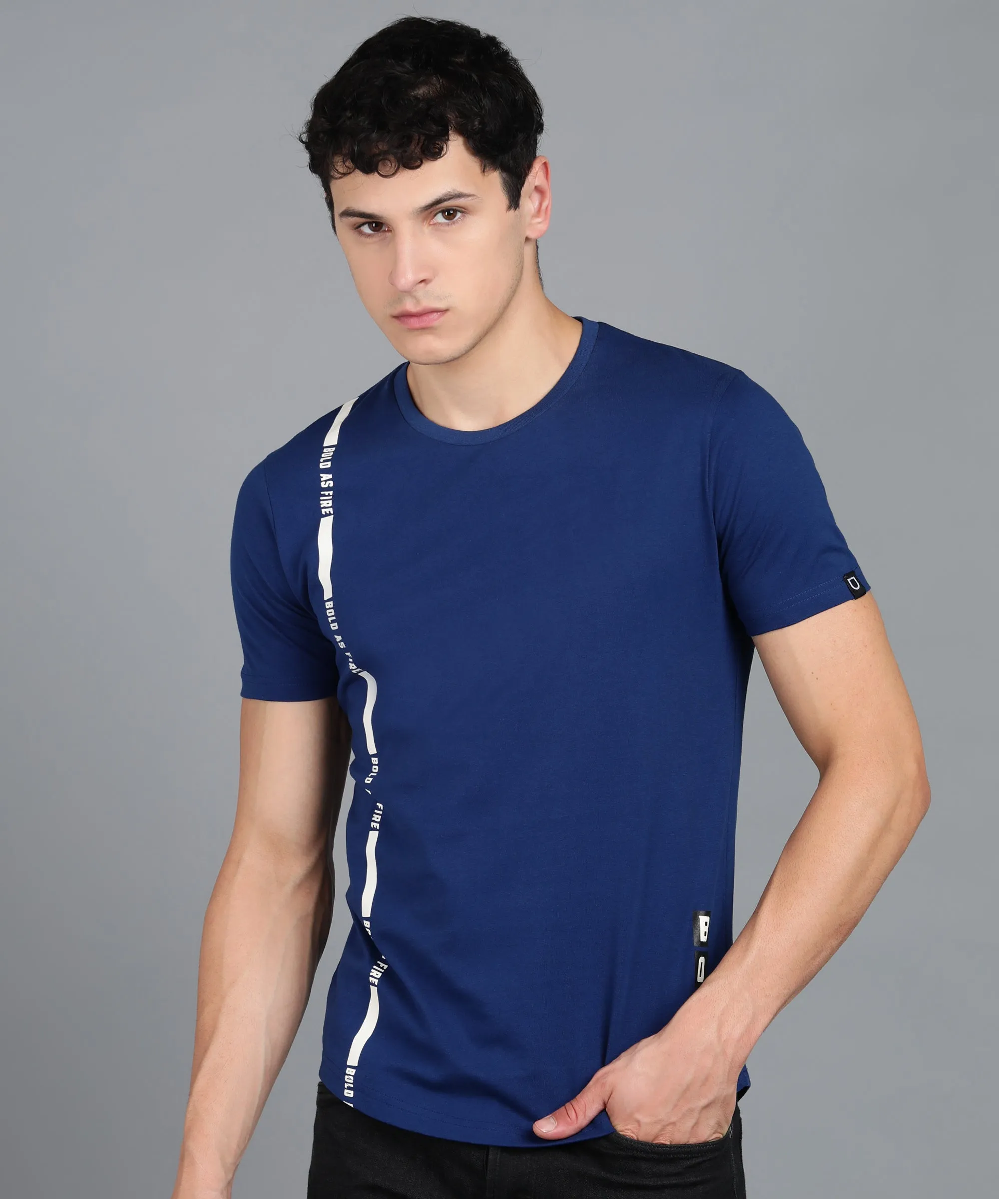 Men's Printed Dark Blue Round Neck Half Sleeve Slim Fit Cotton T-Shirt