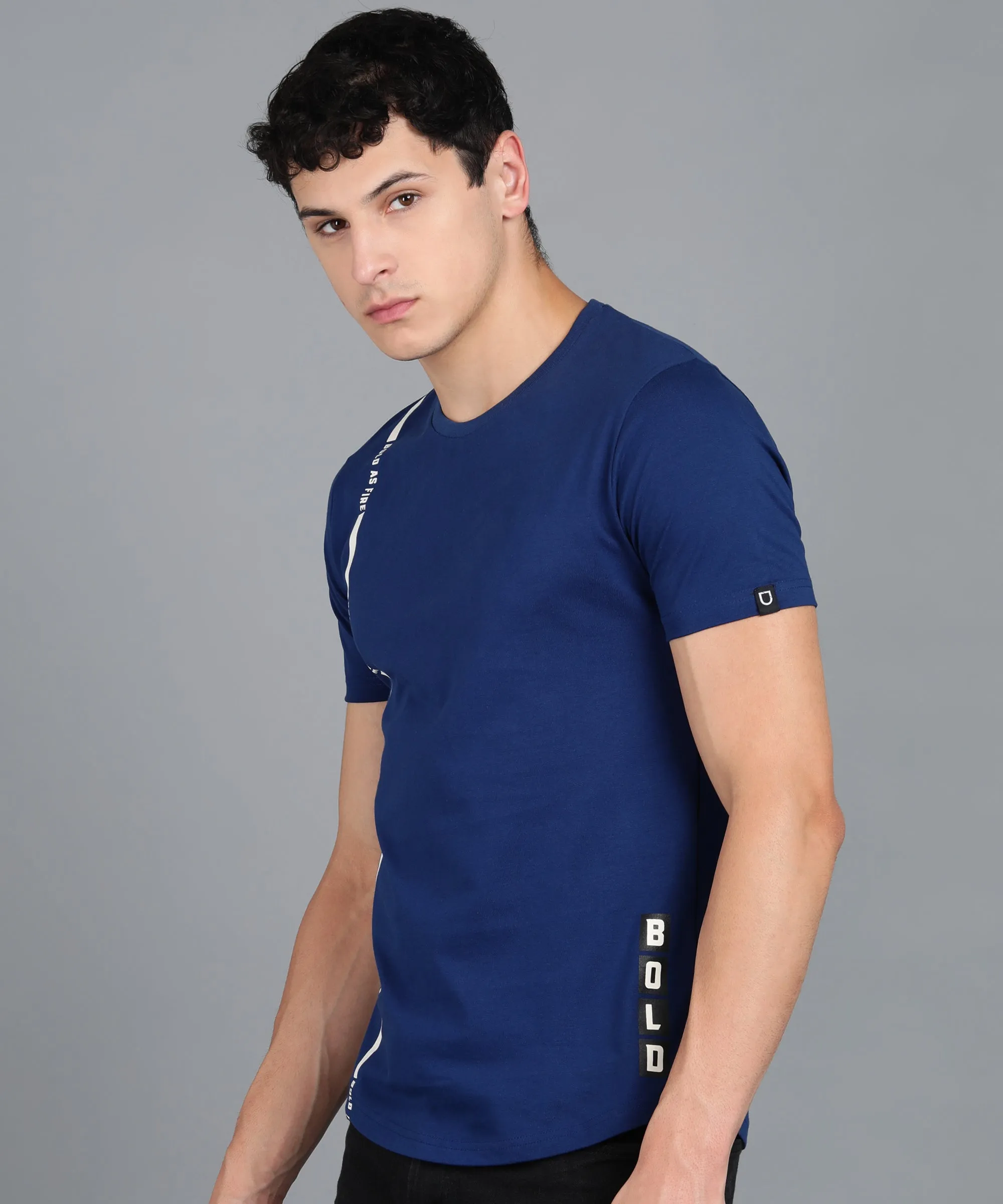 Men's Printed Dark Blue Round Neck Half Sleeve Slim Fit Cotton T-Shirt