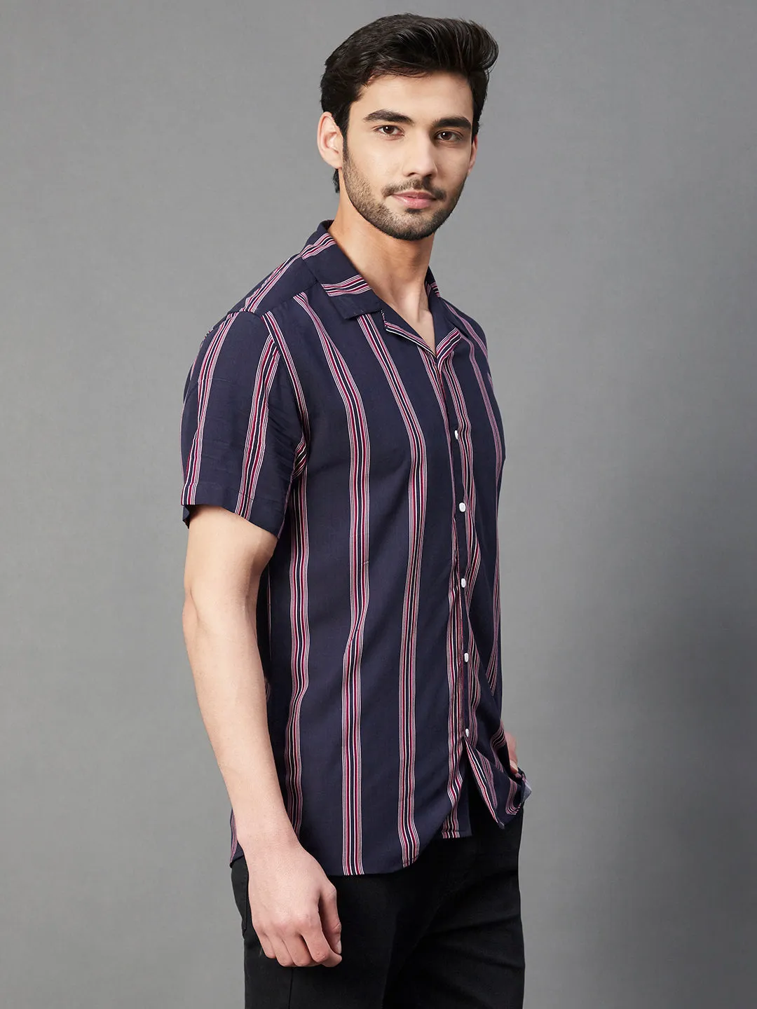 Navy Multi Stripe Cuban Collar Half Sleeve Rayon Shirt