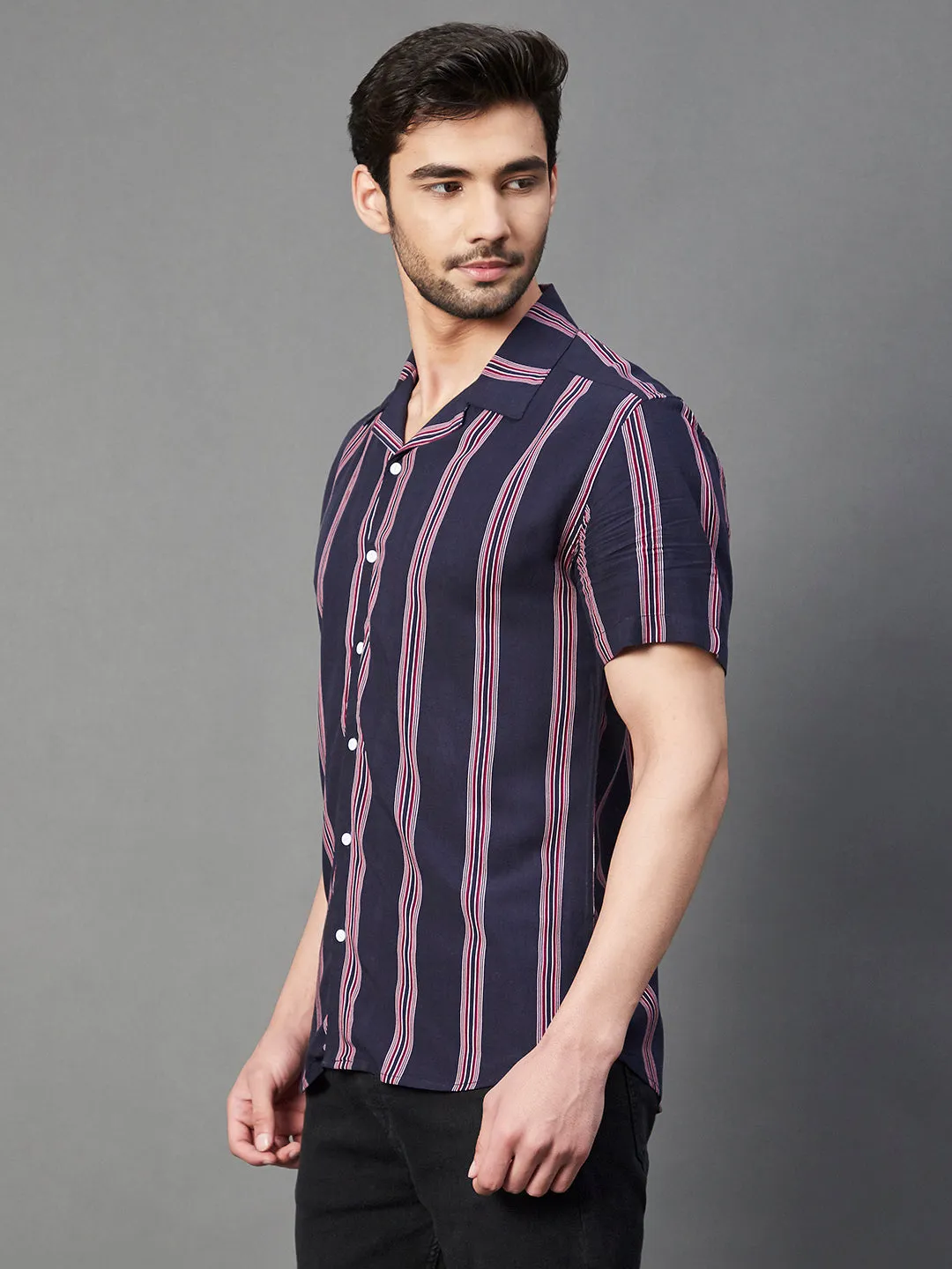 Navy Multi Stripe Cuban Collar Half Sleeve Rayon Shirt