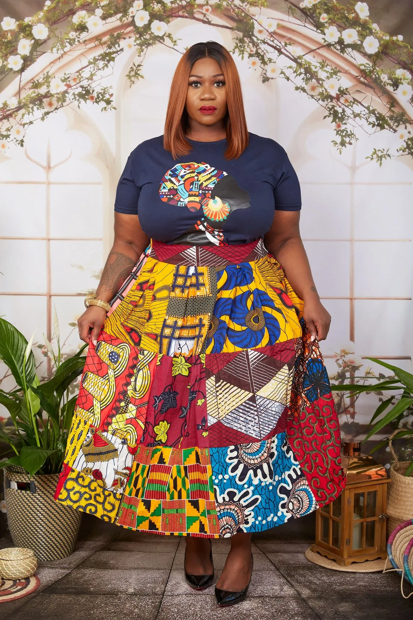 New in; African Print Headwrap T Shirt Dress - Adaku (Navy Blue)