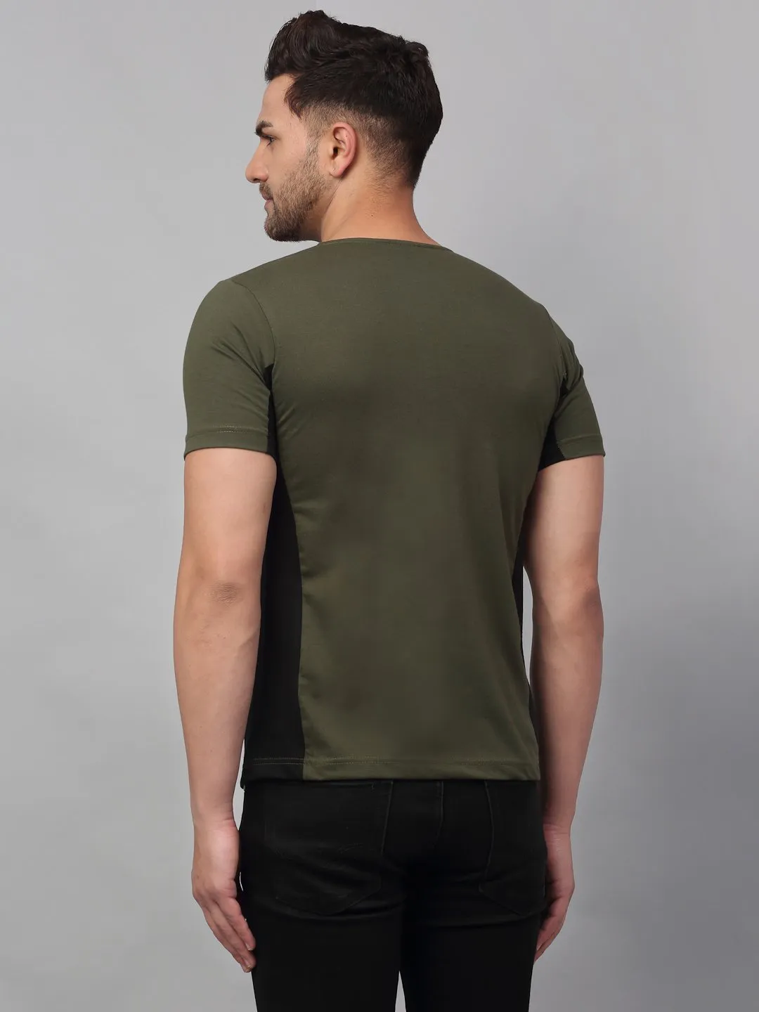 Olive Green Black Cut & Sew Half Sleeve Knitted Shirt