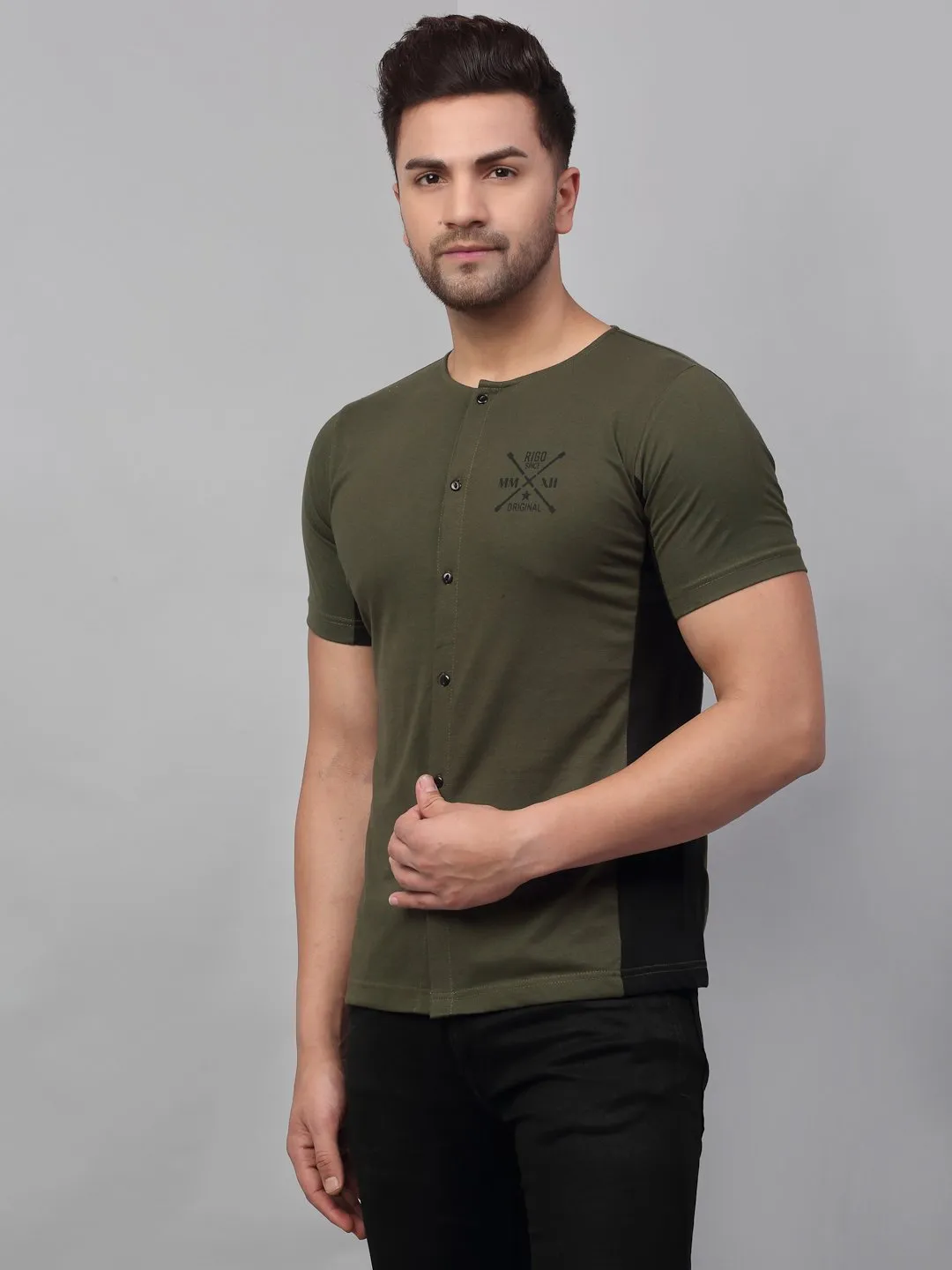 Olive Green Black Cut & Sew Half Sleeve Knitted Shirt