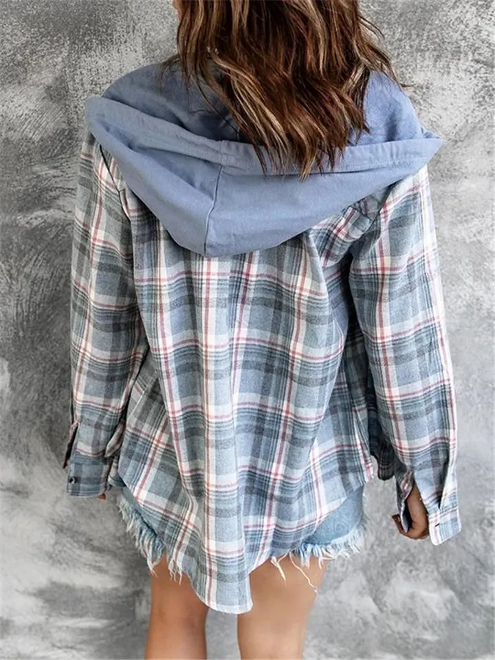 Oversizd Fit Button Up Hoodies Casual Multi Colored Hooded Flannel Shirt