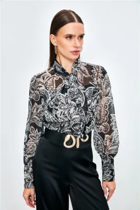 Patterned Georgette Shirt with Bow Tie Neck and a Cami - Black