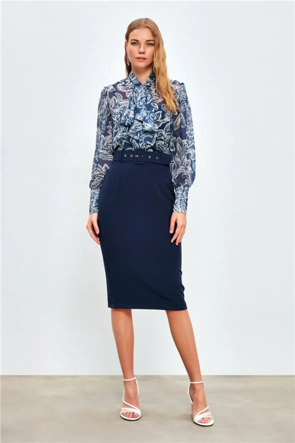 Patterned Georgette Shirt with Bow Tie Neck and a Cami - Navy Blue