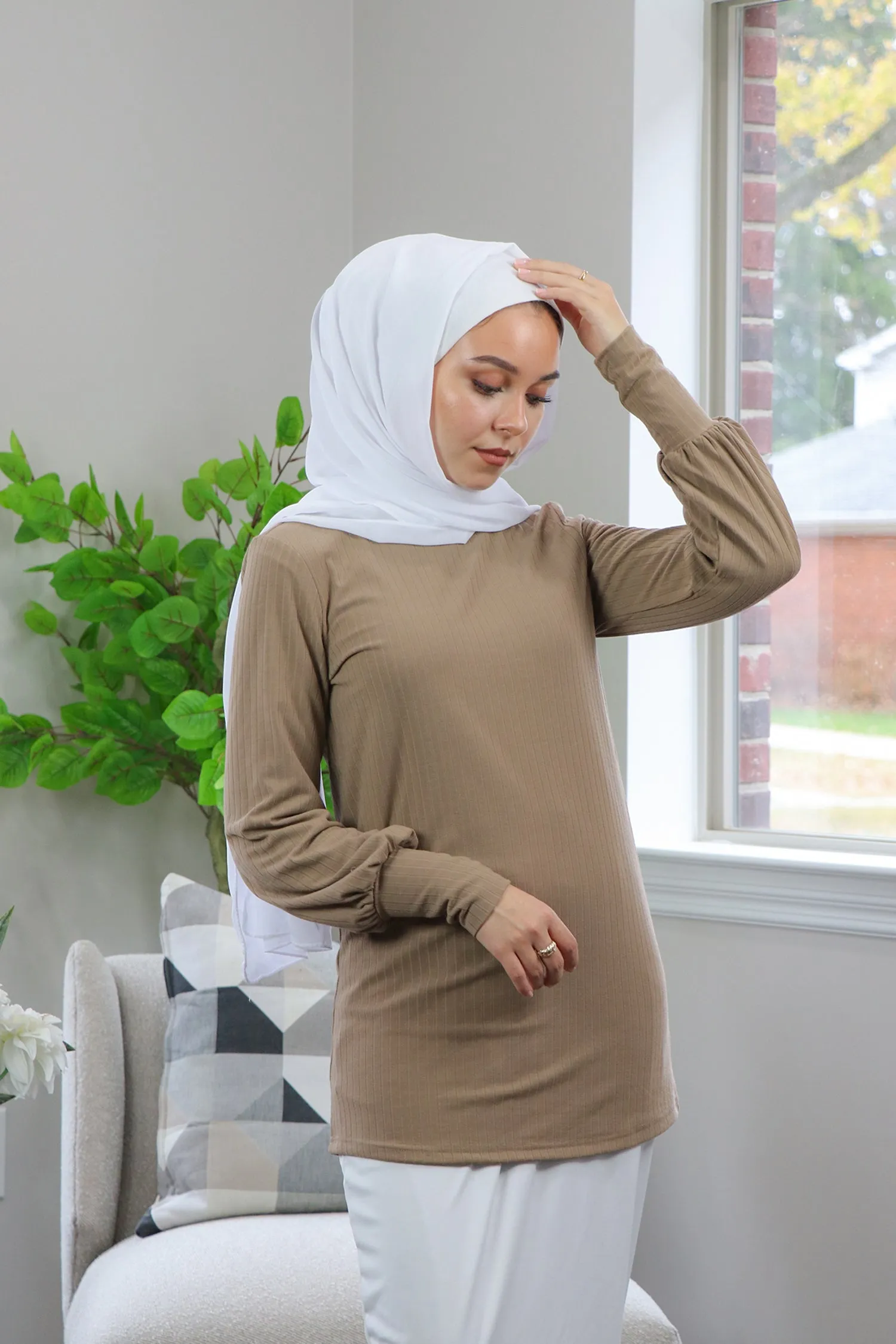 Ribbed Long Sleeve Top- Tan