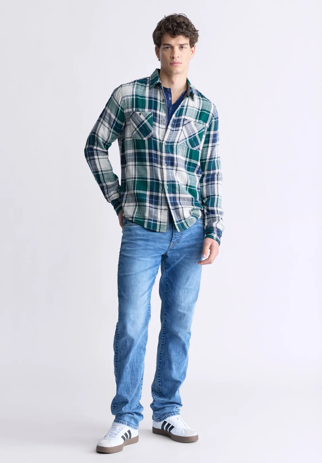 Saolo Men's Long-Sleeve Plaid Shirt, Forest Green - BM24425