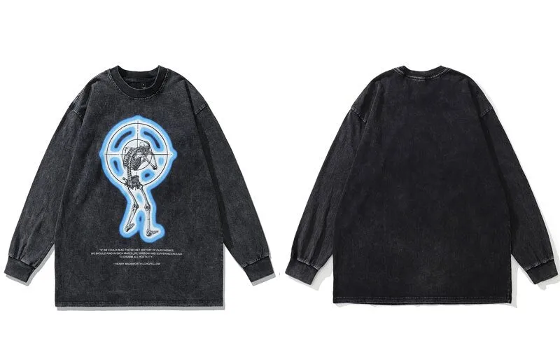 Skeleton Target Acid Washed Long Sleeve T-Shirt