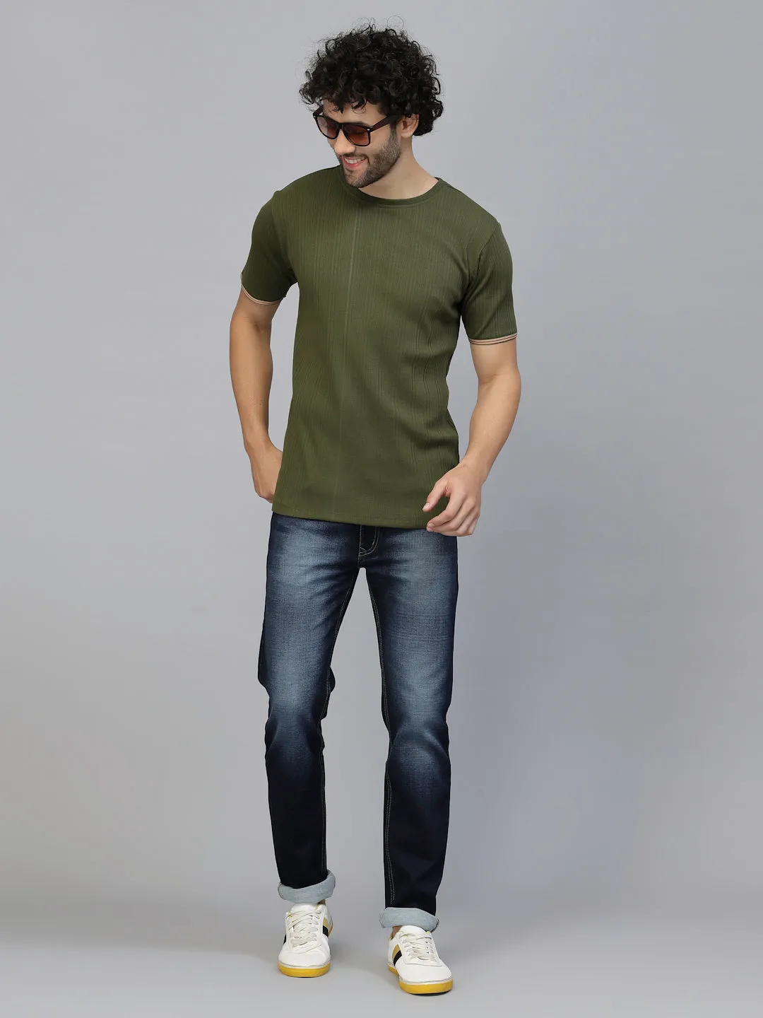 Solid Self Textured Half Sleeves Rib Knit T-Shirt