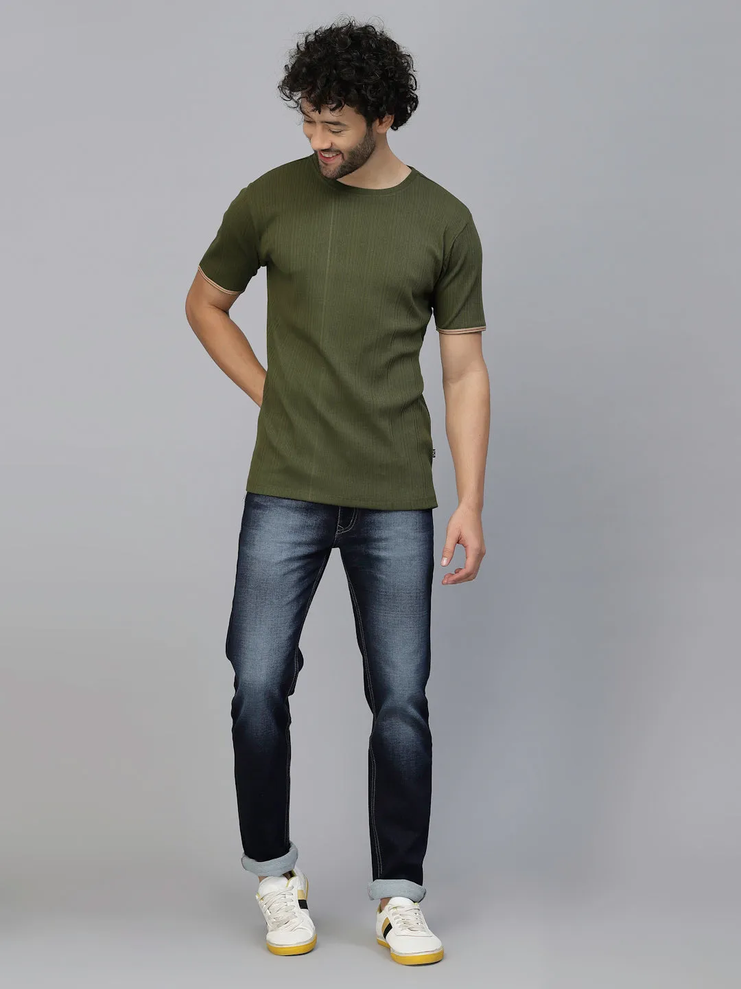 Solid Self Textured Half Sleeves Rib Knit T-Shirt