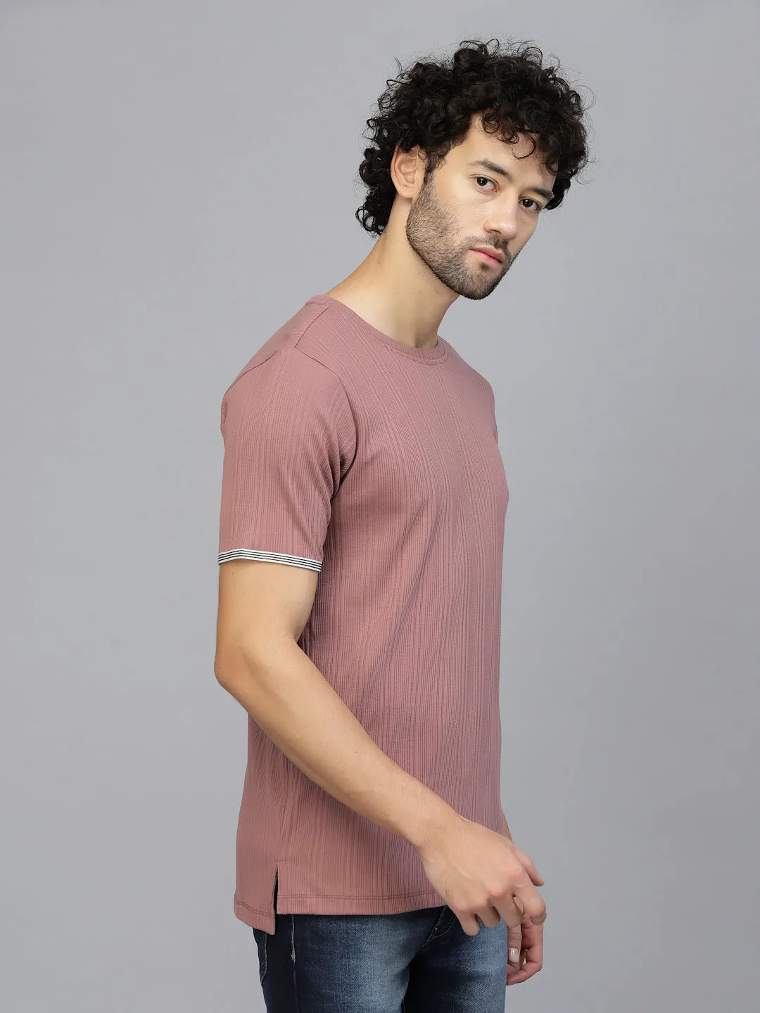 Solid Self Textured Half Sleeves Rib Knit T-Shirt