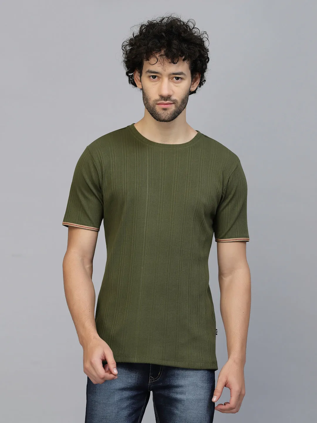 Solid Self Textured Half Sleeves Rib Knit T-Shirt